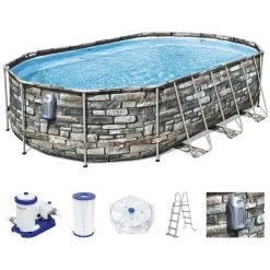 BESTWAY Power Steel Comfort Jet Piscine Hors Sol Motif Pierre, 610 X 366 X 122 Cm 56719