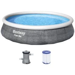 BESTWAY Fast Set Piscine Hors Sol Motif Rotin Gris, 396 X 84 Cm, Avec Pompe 57376